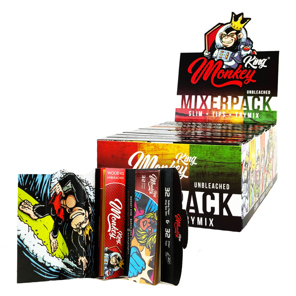 Monkey King Unbleached King Size Slim Rolling Papers With Tips + Tray